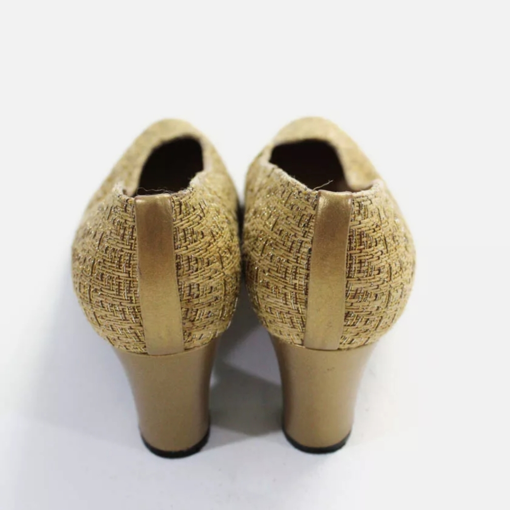 Size 7 Stuart Weitzman thick Block heel Gold dark Beige Formal Pumps heels - Picture 4 of 6